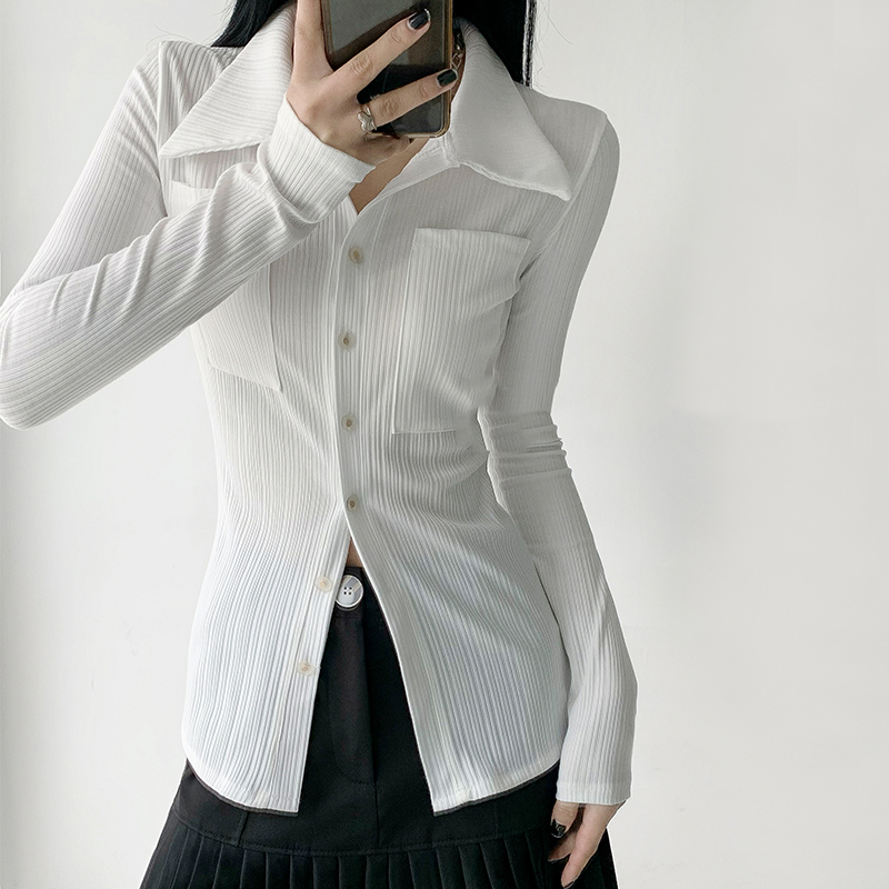 Official photo imitation cotton rainbow strip 90% polyester 10% spandex French design niche white shirt for women
