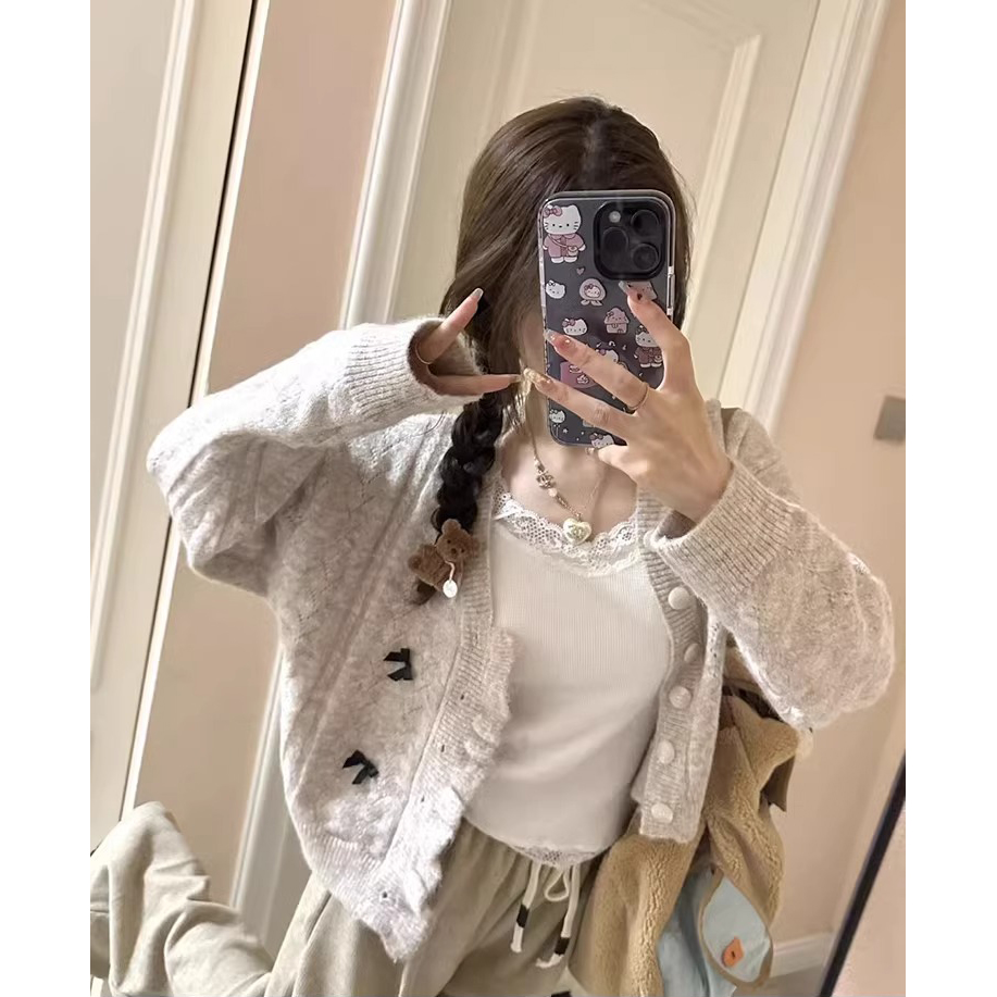 Soft and waxy coat for women spring and autumn 2024 early spring new loose sweater knitted cardigan short long-sleeved top