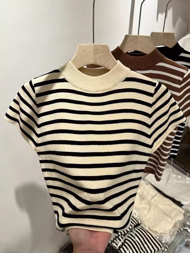 Half turtleneck striped wool sweater flying sleeves slim top small shirt for women 2024 early spring short-sleeved bottoming shirt