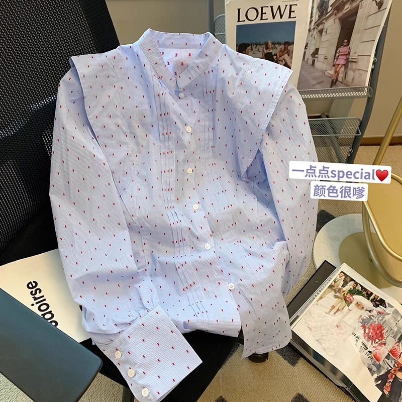 藍色波點立領長袖襯衫女2024夏季新款法式時尚減齡洋氣小個子襯衣