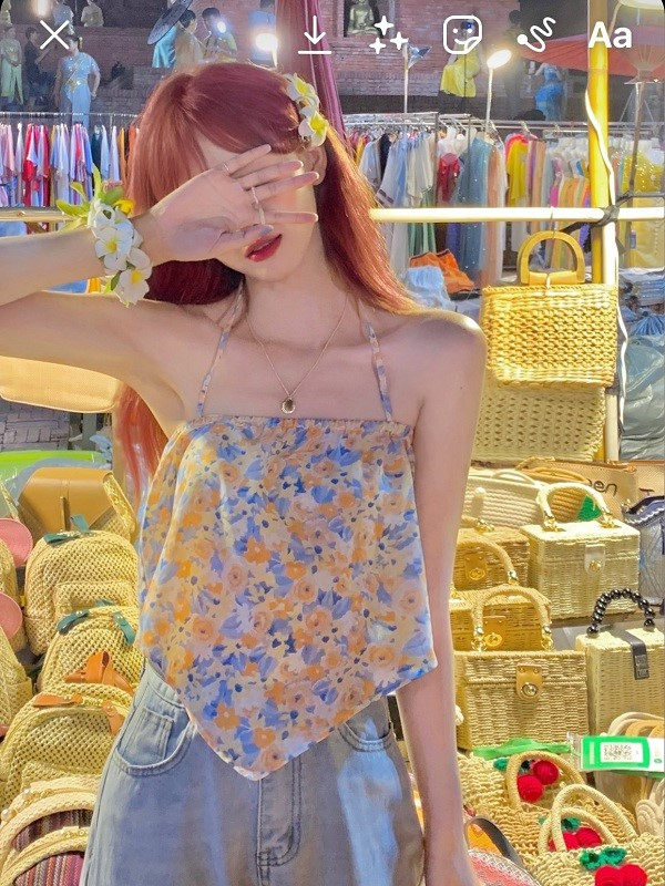 港風碎花小吊帶ins超火外穿短款肚兜式掛脖抹胸背心甜辣上衣女夏