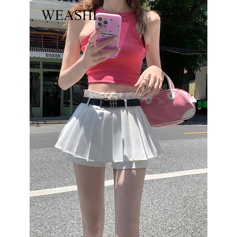甜辣白色高腰百褶裙短裙裙褲女春夏新款小個子百搭顯瘦a字半身裙