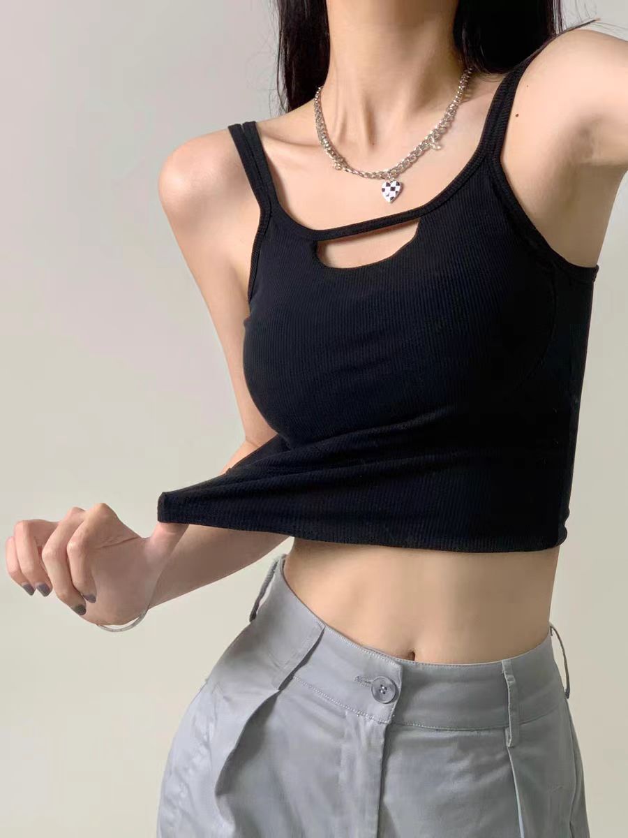黑色鏤空小吊帶背心女夏季帶胸墊性感辣妹短款美背抹胸上衣外穿夏