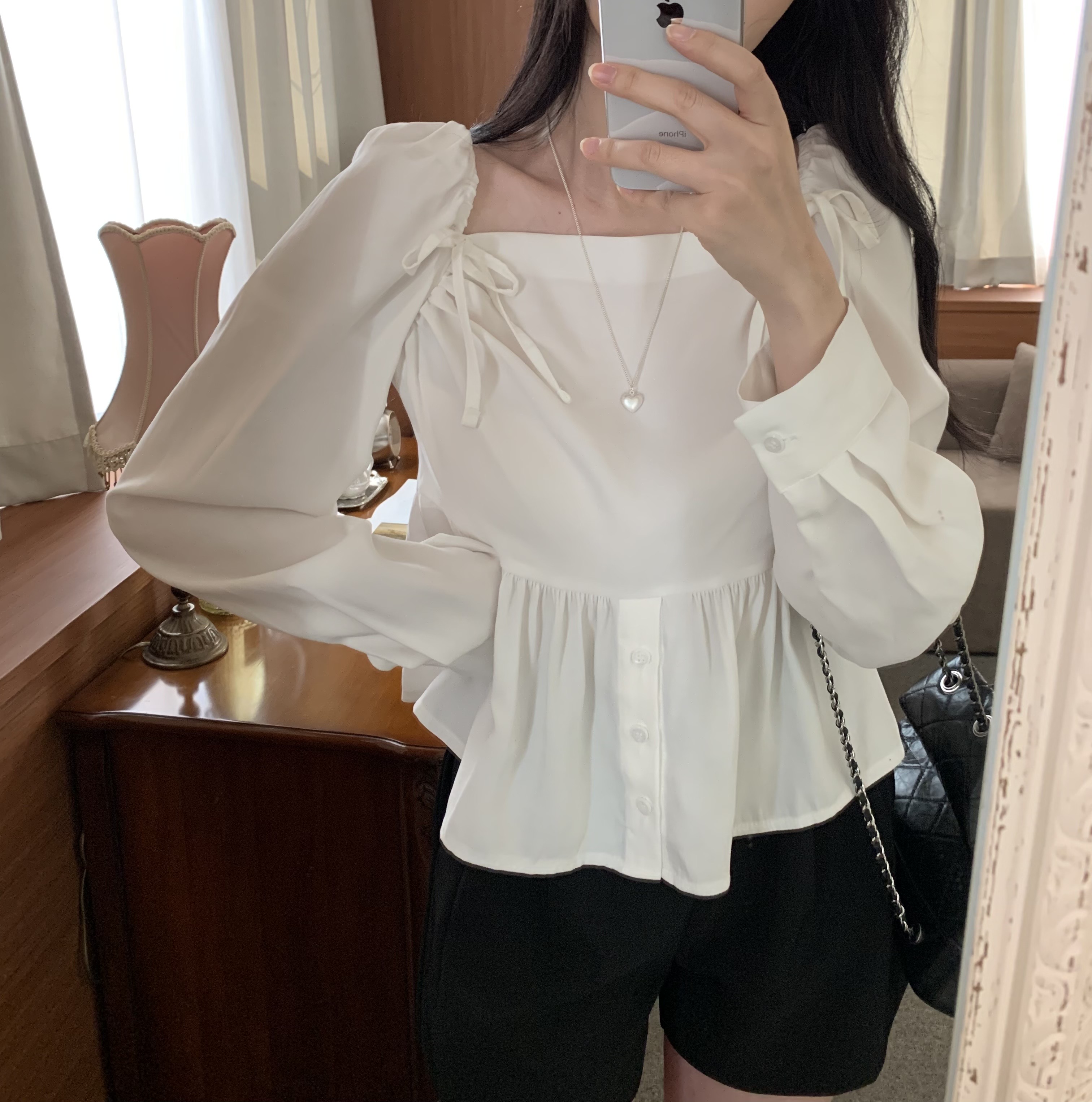 chic new spring Korean style simple niche square collar off-shoulder fashion casual short long-sleeved shirt top
