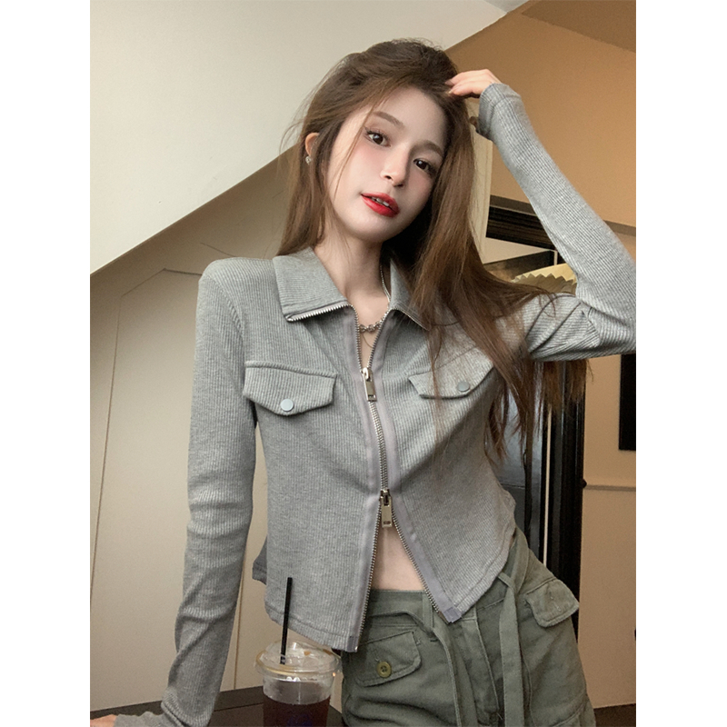Double zipper long-sleeved T-shirt women's autumn temperament Korean style new slim fit casual fashion bottoming POLO shirt