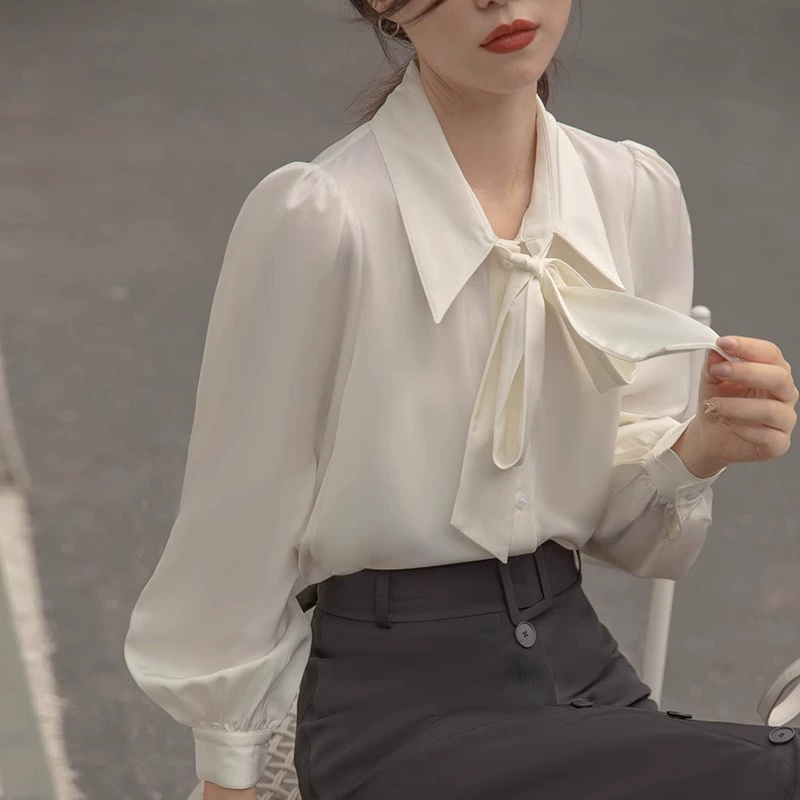벌룬 소매 봄 가을 새로운 나비 매듭 셔츠 화이트 인사이드 가져 가라. 셔츠 여성 긍정적 인 로드 중 레이스업 디자인 센스 경력 맨위