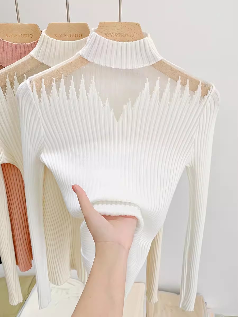 Sexy mesh half turtleneck knitted bottoming shirt for women, autumn and winter style, beautiful small shirt, short top, woolen clothes