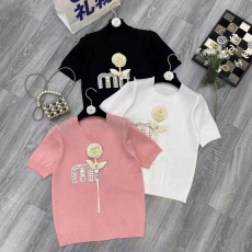 批发欧洲站2024春新款女装高品质YBMM字母定立体花朵装饰针织<b class='q'>短袖</b>T恤