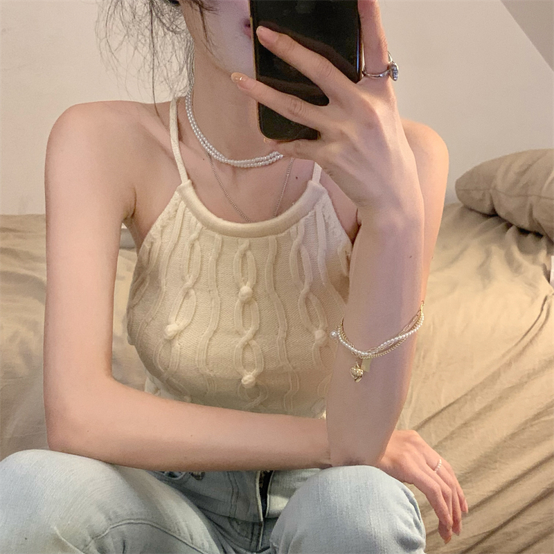實拍~辣妹純欲風短款掛脖針織掛脖吊帶背心女