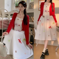 批发实拍 现2026新款春夏装大码女装胖MM 绣花蝴蝶结吊带裙<b class='q'>开衫</b>两件套