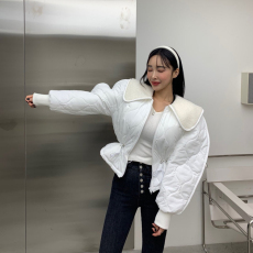 chic韩国秋冬时尚复古羊羔毛娃娃领抽绳收腰保暖短款棉衣外套