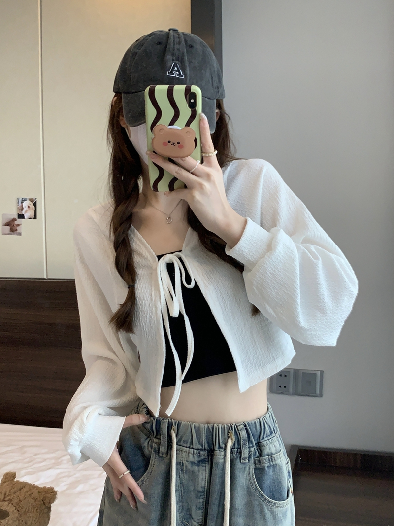 Real shot Spring niche retro versatile design strappy lantern sleeve short thin cardigan jacket for women