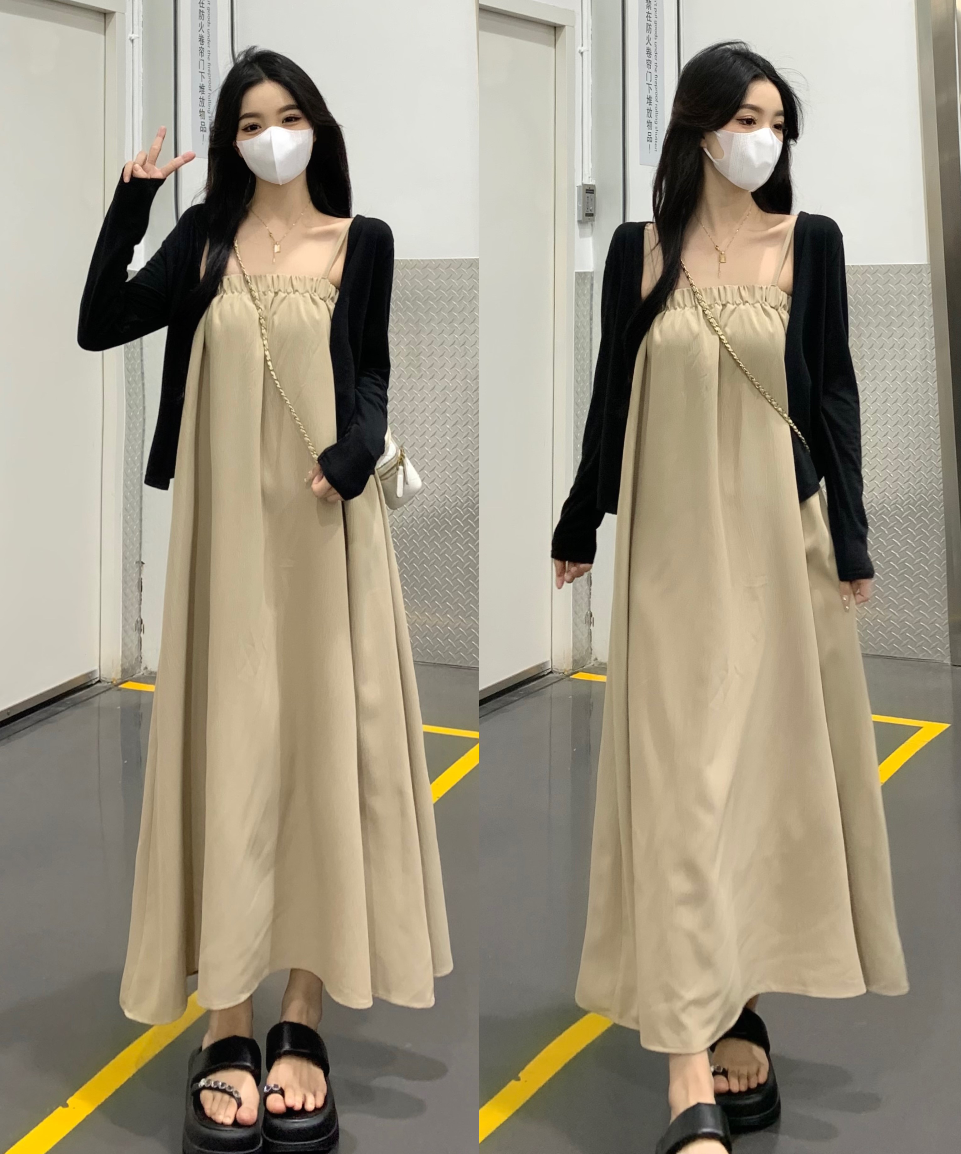 LN74932# 新款春装大码女装胖MM卡其吊带裙黑色开衫两件套 服裝批發女裝批發服飾貨源