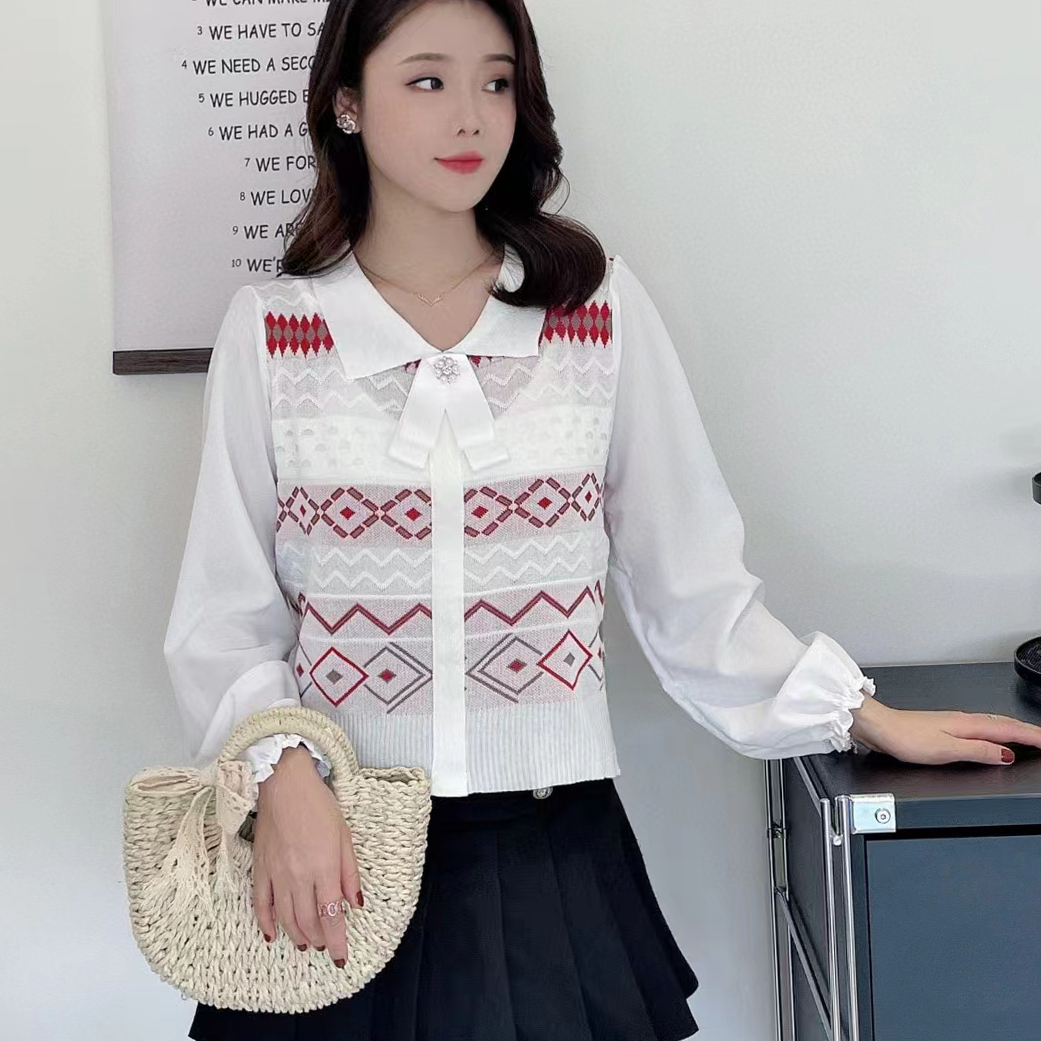 2024 spring new style modern design age-reducing lapel bow jacquard chiffon long-sleeved knitted top