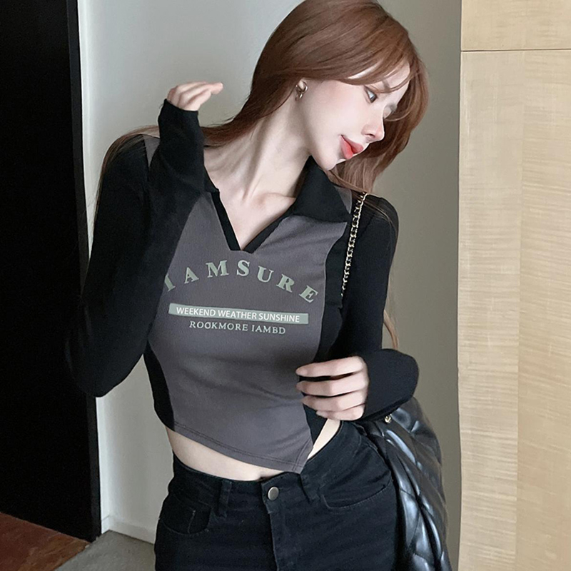 撞色polo領修身長袖t恤女秋季純欲辣妹性感v領上衣別致chic打底衫