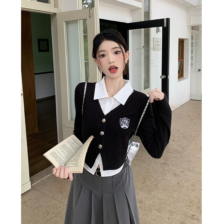 Fake Two Polo Collar Shirt Women's Autumn Spliced ​​Short Top