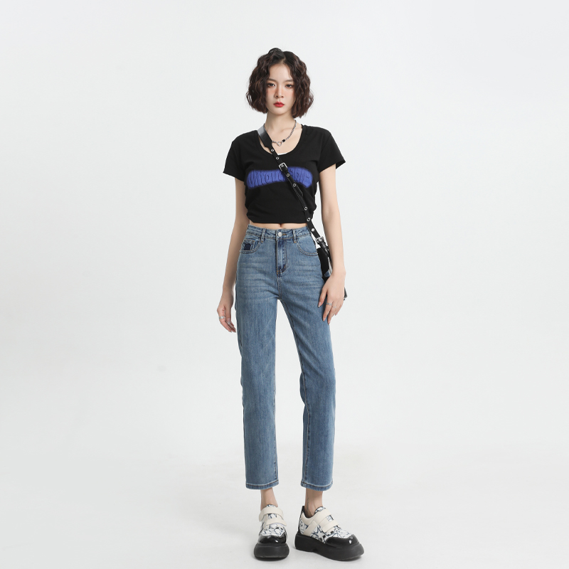 實拍~2024春夏季復古直筒牛仔褲女高腰顯瘦小個子煙管褲子ins高街
