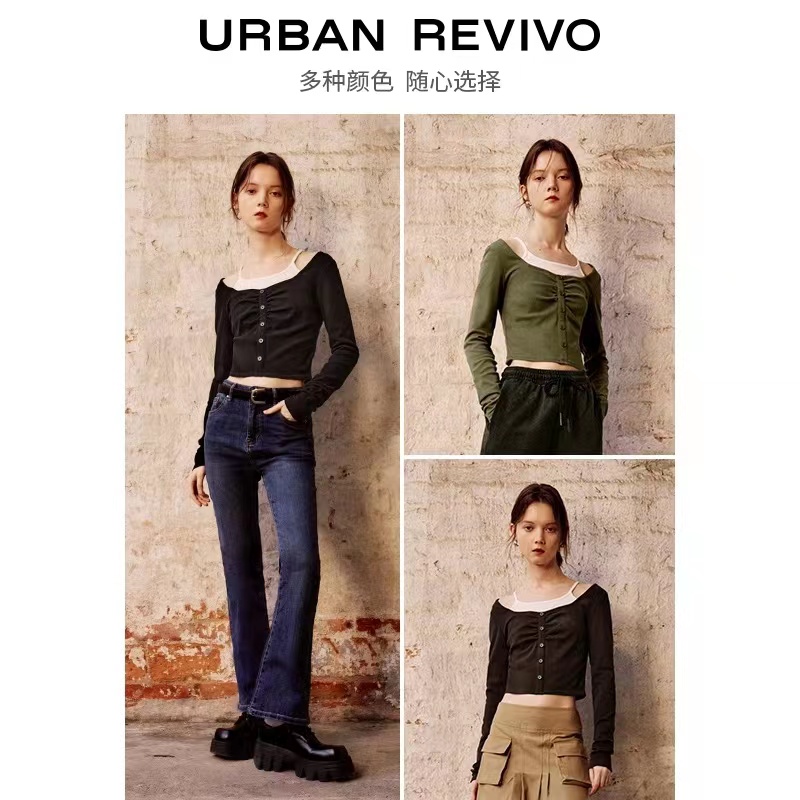 2024 spring new women's casual design fake two-piece pleated button long-sleeved T-shirt