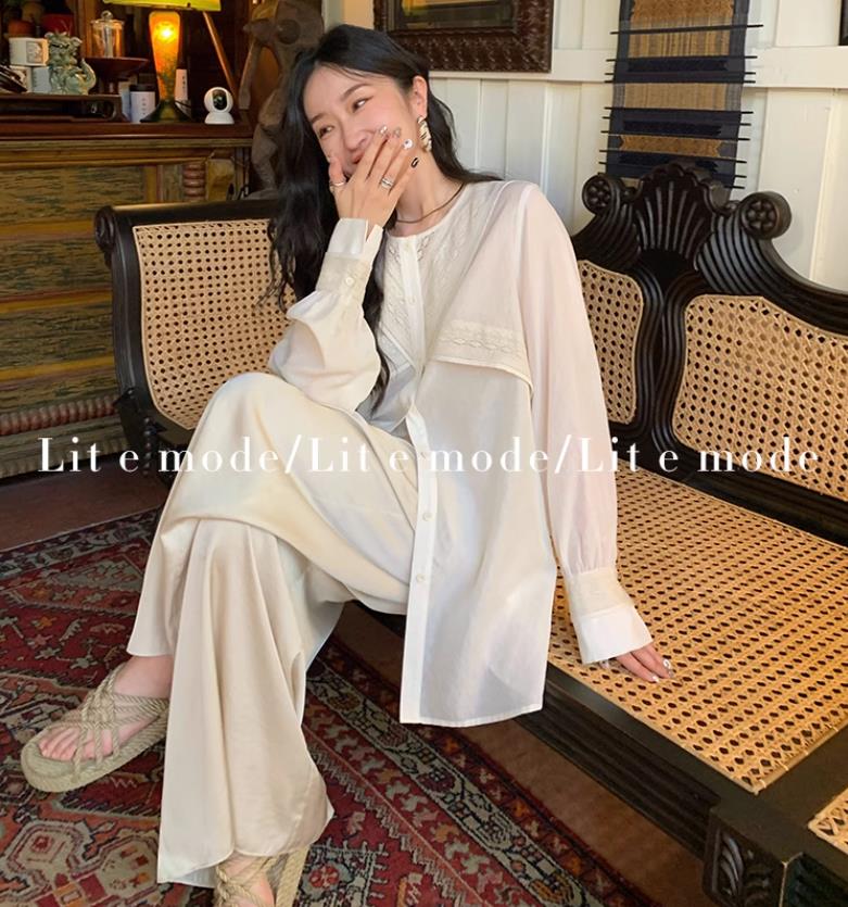 任小藝春秋米白色花邊襯衫女設計感小眾拼接提花襯衣慵懶穿搭上衣