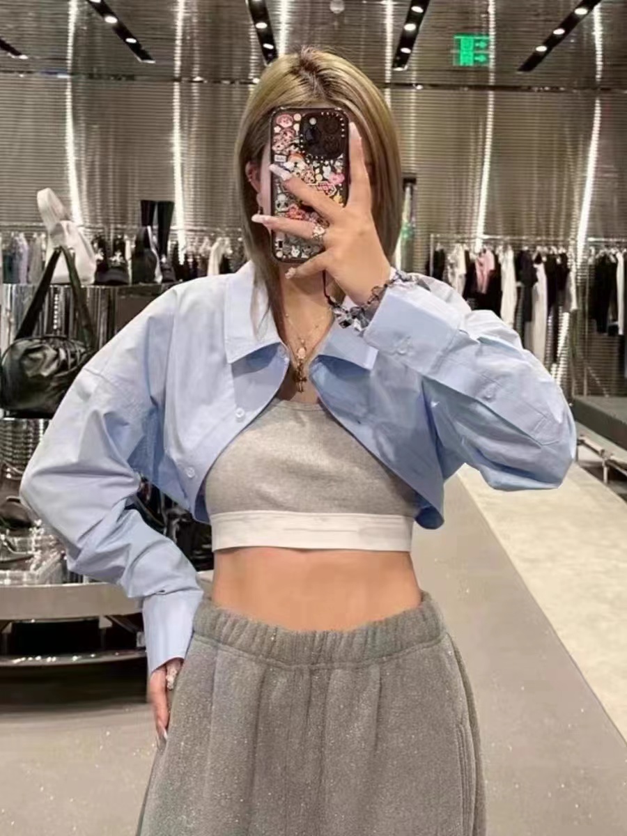 ALEXANDER-BIRD fake two-piece spliced ​​short shirt new style King 23 stacked sexy suspender shirt for women