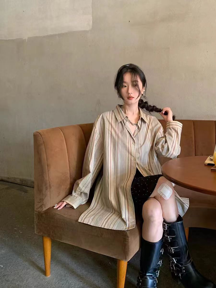 任小藝2024春秋新品豎條紋襯衫女韓系學院風隨性寬鬆襯衣休閒上衣