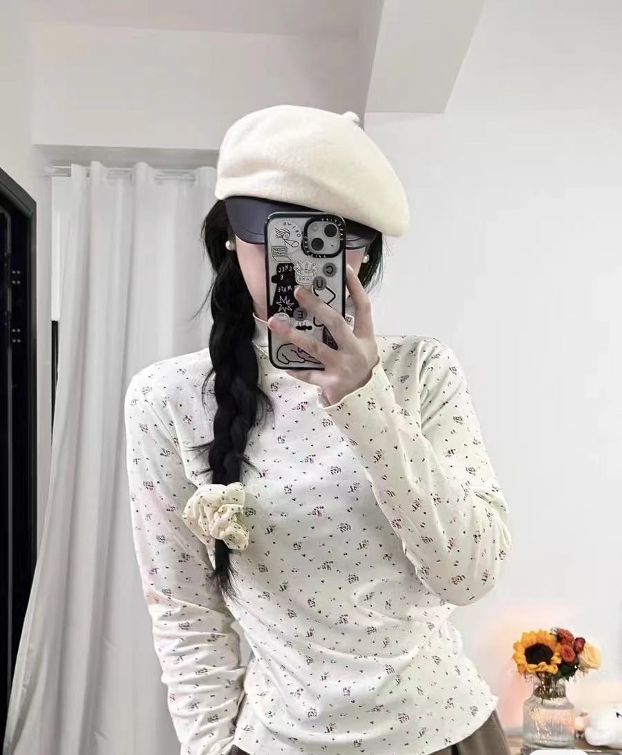 CCKOK 碎花高領彈力針織打底衫冬季新款修身顯瘦內搭外穿女