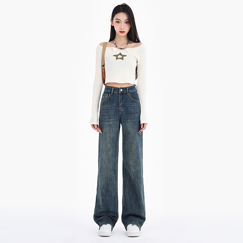 實拍~2024水泥灰窄版牛仔褲女春秋裝新款直筒寬鬆彈力高腰闊腿褲