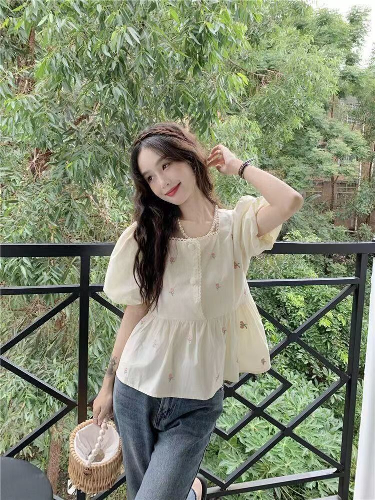 方領拼接泡泡袖碎花襯衫2024新款甜美洋氣寬鬆短袖少女上衣潮夏季