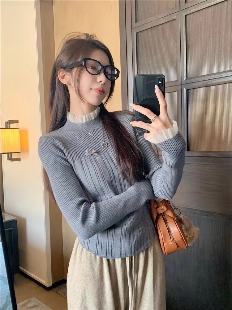2024新款春季百搭長袖簡約修身方領拼色撞色羊毛打底衫女
