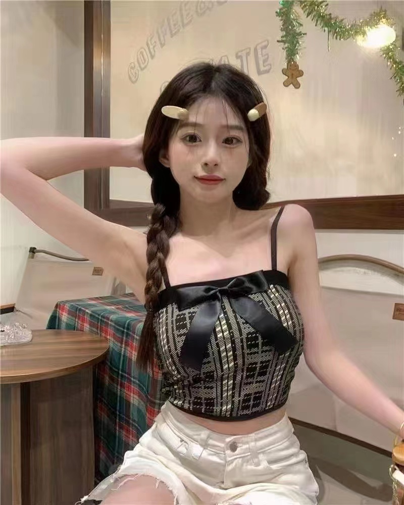個性設計辣妹大蝴蝶結格子修身短款外穿吊帶背心女