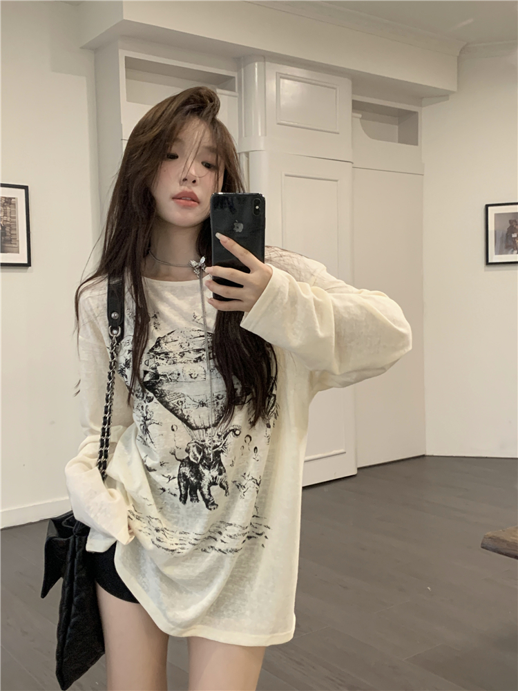 Actual shot~Large size long-sleeved printed T-shirt for women, early autumn inner layering shirt, American oversize loose top