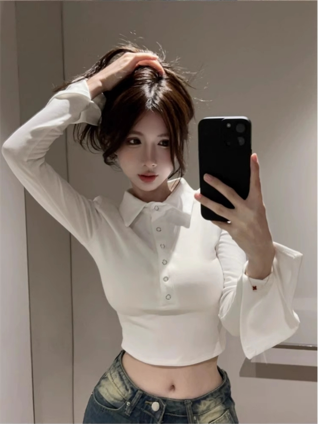 秋冬獨特别致甜辣緊身短款polo領正肩上衣設計感小眾打底衫女內搭