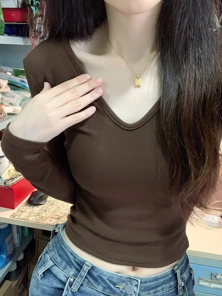 Korean style v-neck long-sleeved t-shirt for women, new chic niche short top, slim inner layering shirt, trendy