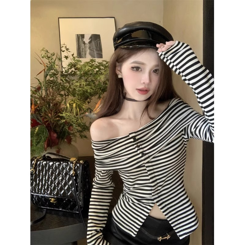 Korean style one-shoulder bottoming shirt, short top, high-end, unique and chic striped long-sleeved T-shirt for women, versatile in autumn