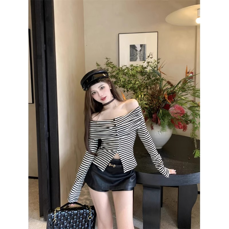 Korean style one-shoulder bottoming shirt, short top, high-end, unique and chic striped long-sleeved T-shirt for women, versatile in autumn