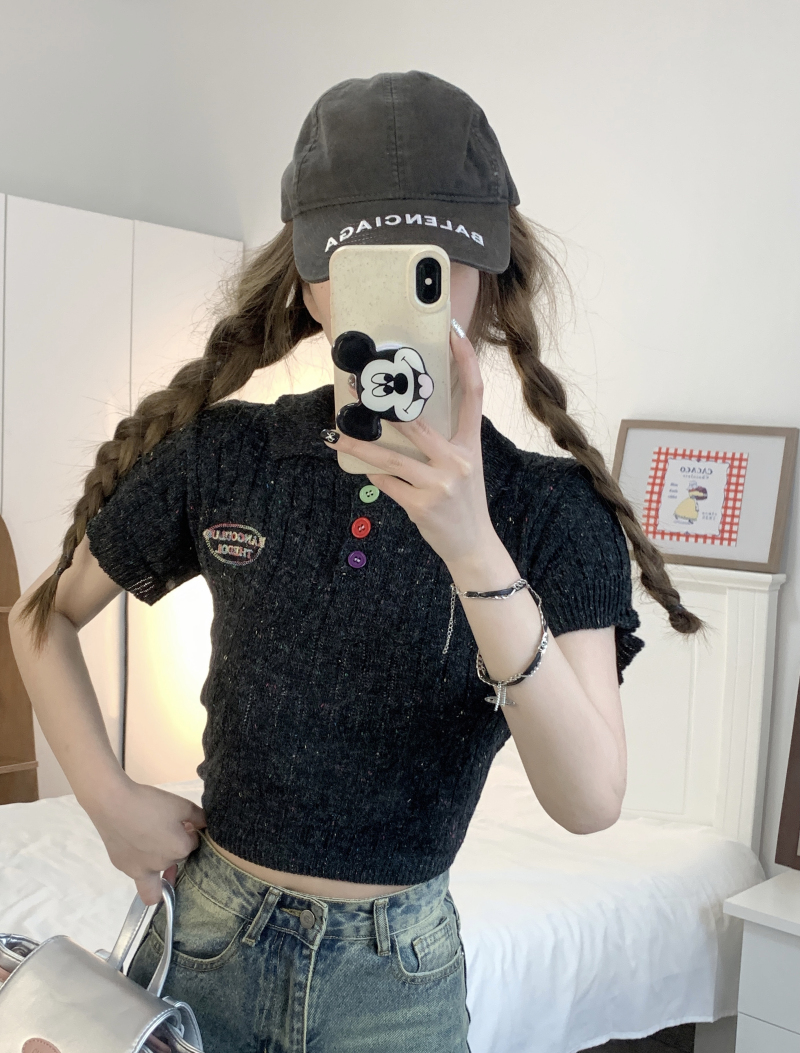 實拍 polo領彩點針織短款上衣女設計感小眾正肩短袖T恤夏新款