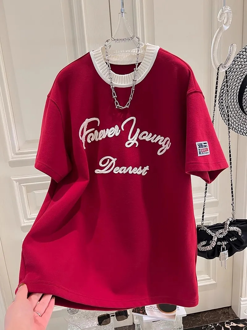 春款2024年新款重磅純棉寬鬆短袖T恤女刺繡歐韓設計版毛線領上衣