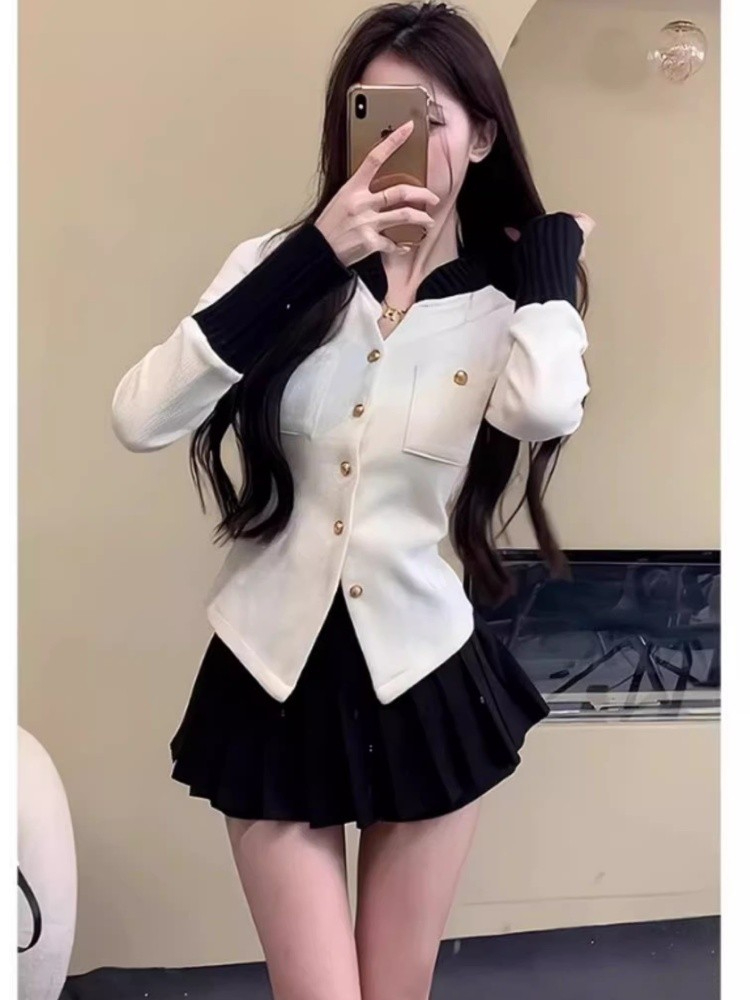 小香風富家千金撞色時尚休閒套裝復古長袖襯衫女百褶裙短裙兩件套
