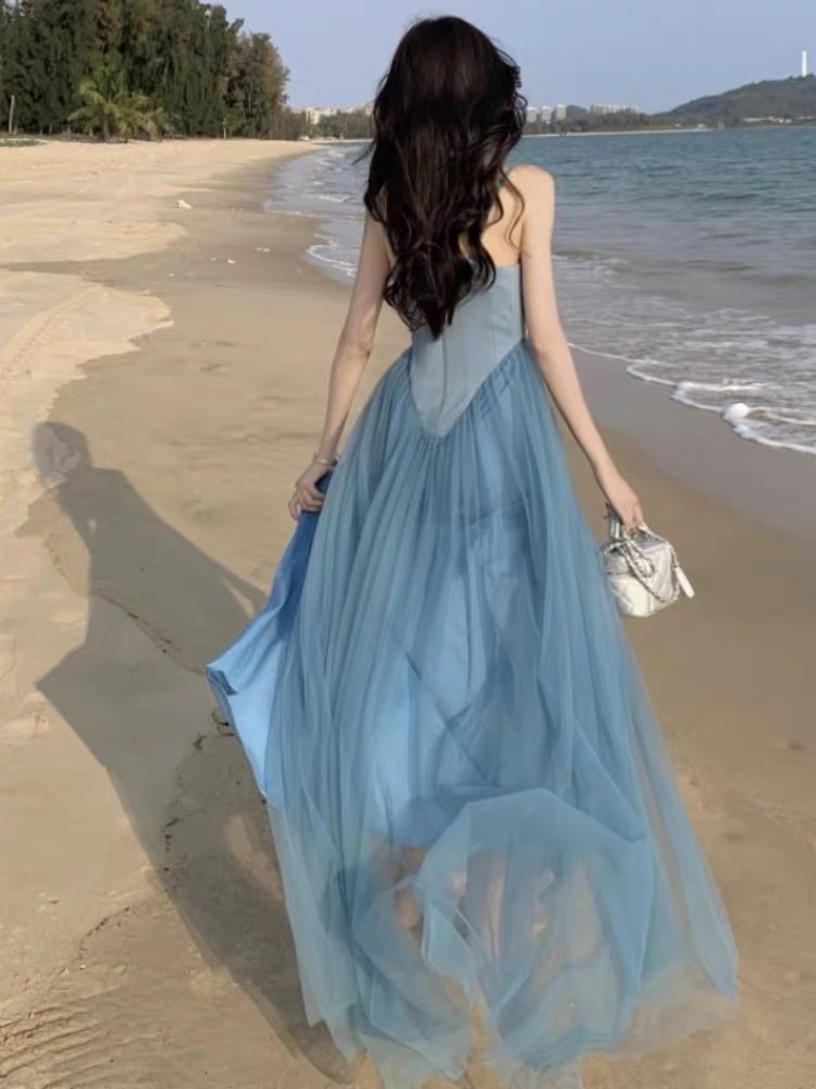 仙女氣質在逃公主網紗吊帶連衣裙女西雙版納海南三亞海邊度假長裙
