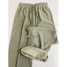 批发原版质量布料 肌理感绿色高腰垂感阔腿裤褶皱长裤
