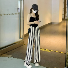批发韩国外贸韩版黑白条纹直筒休闲裤女新款高腰显瘦宽松阔腿裤子