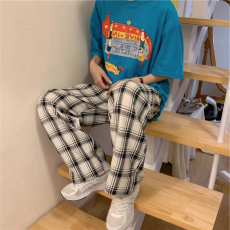 批发原版韩国外贸韩版有口袋新款高腰显瘦时尚直筒格子休闲阔腿裤