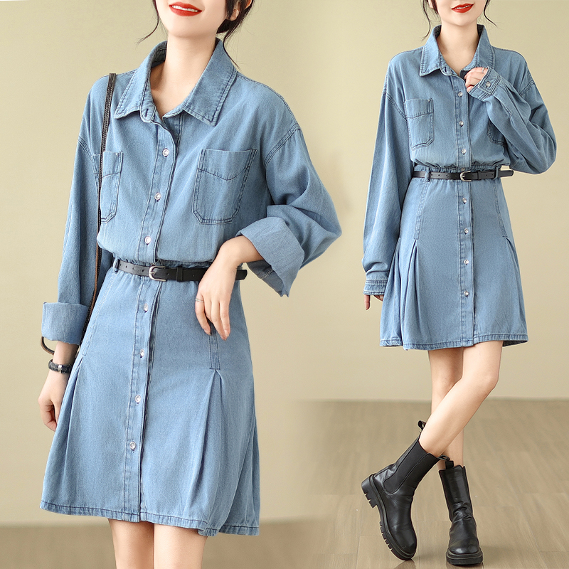 MY14095# 复古牛仔衬衫连衣裙收腰显瘦百褶裙短裙女裝貨源服裝批發