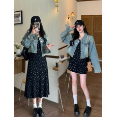 批发实拍～大码女装黑色碎花修身吊带裙+<b class='q'>牛仔</b>外套两件套胖MM气质吊带