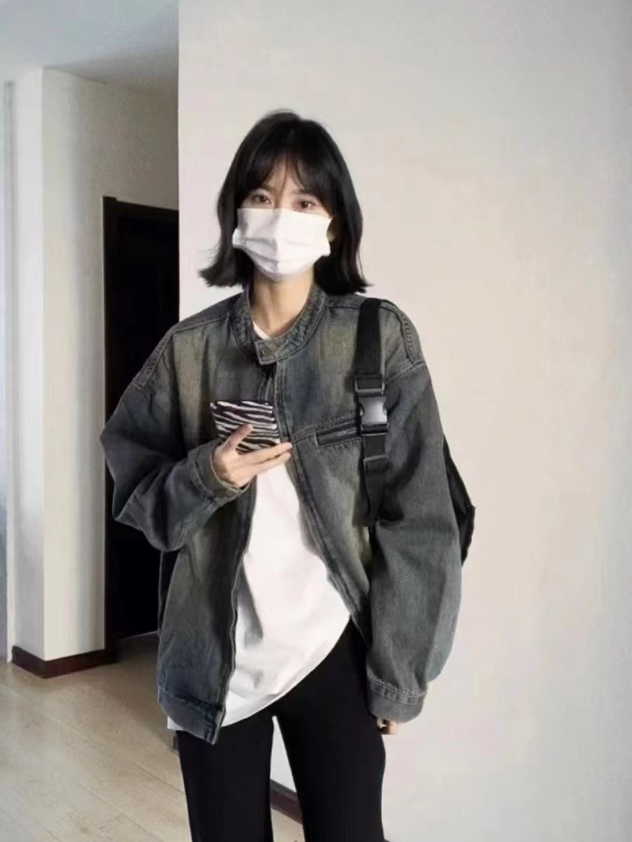 Korean hiphop washed distressed retro denim jacket for women in autumn and winter loose design casual versatile top trendy