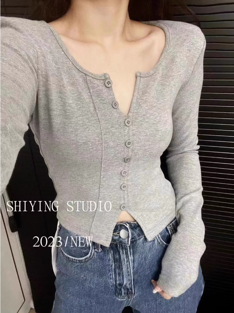 Spring new long-sleeved T-shirt for women, single-breasted, slim, discreet bottoming shirt, V-neck slim-fitting top, trendy