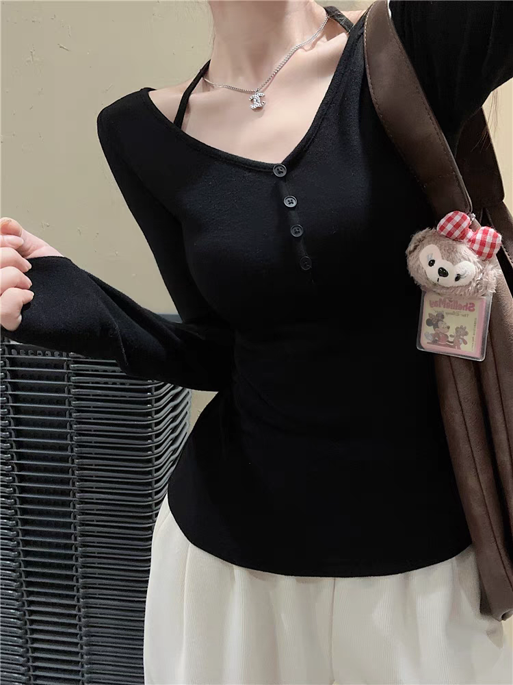 Pure desire design halterneck v-neck long-sleeved top for women spring new black slim fit inner layering shirt