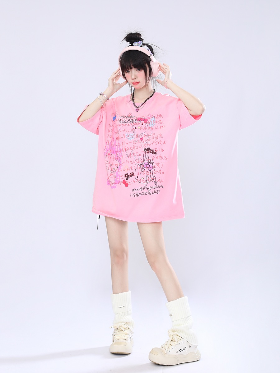 MEIM檸檬日系設計感貓咪新潮寬鬆短袖女2024春季新款卡通塗鴉印花