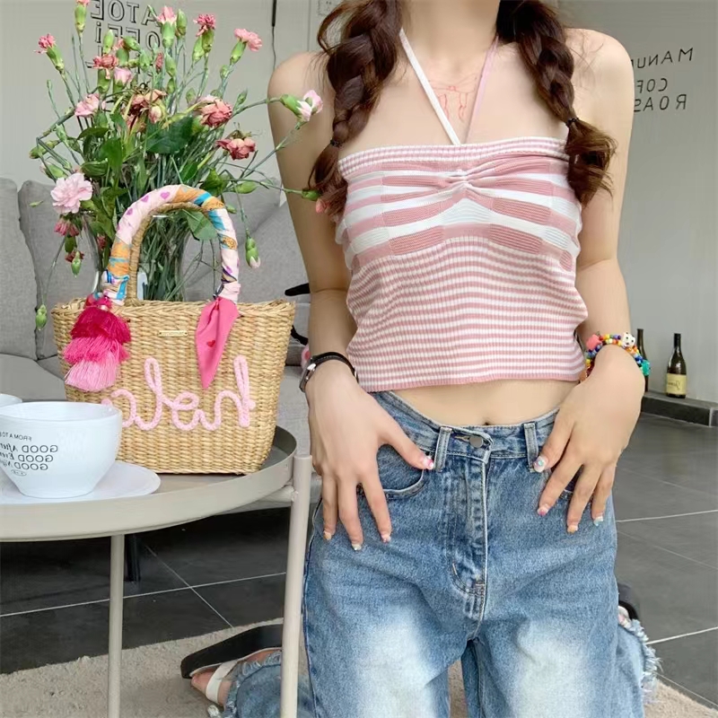 純欲掛脖針織吊帶小背心女秋季辣妹性感條紋外穿短款內搭打底上衣