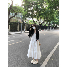 批发实拍实价#立体絮状线条设计奶白色吊带连衣裙长裙女+针织<b class='q'>开衫</b>外套